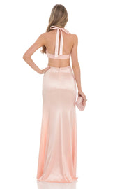 Satin Cutout Maxi Dress in Peach